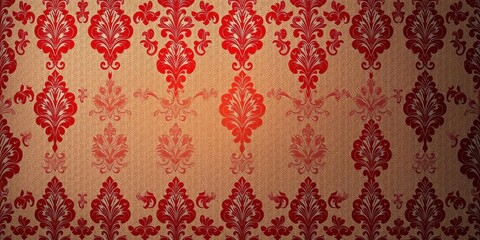 Red wallpaper featuring an intricate damask pattern perfect for adding a touch of elegance to any room, luxurious, background, interior design