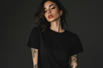 Models minimal tattoo T shirt. back no text. black mockups.