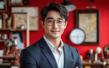 Asian man with a smile on his face is wearing a suit and a shirt in studio office background