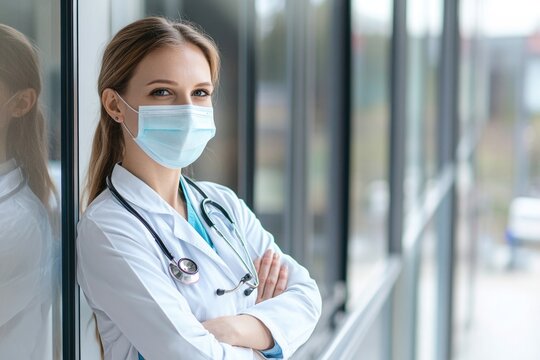 Female doctor wearing a medical mask standing with arms crossed at a window in a hospital. - Powered by Adobe