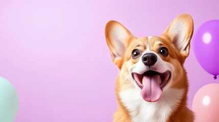 A cheerful corgi poses against a pastel pink background with colorful balloons, making it ideal for pet-related content, birthday invitations, and cheerful marketing campaigns,