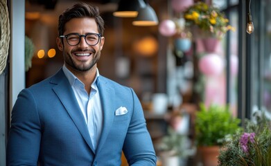 Obraz premium Confident businessman with a suit and a smile in a office background, He looking at the camera