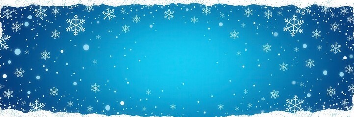Snowflake border design for Christmas card with delicate snowflakes falling on a blue background, cold, snow, blue