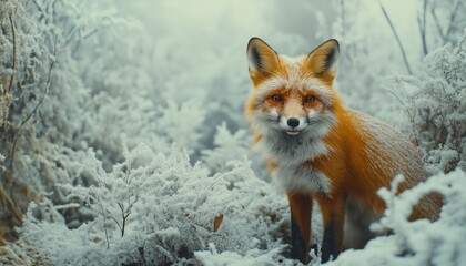 Fototapeta premium Majestic Red Fox in a Frosty Winter Wonderland: A Captivating Portrait of Wildlife in a Snowy Forest