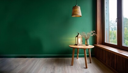 Empty Forest Green Wall Mockup in Rustic Interior with Side Table and a Lantern style Lamp. Natural Daylight From a Window. Promotion Background.