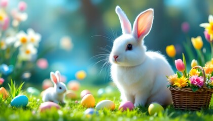 Fototapeta premium A festive Easter scene with painted eggs on green grass, a wicker basket of vibrant flowers, and a cheerful white bunny with floppy ears in a sunny garden with blooming tulips and daffodils.