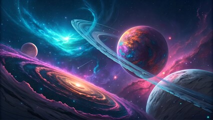 Stunning cosmic scene featuring colorful planets and swirling galaxies in space