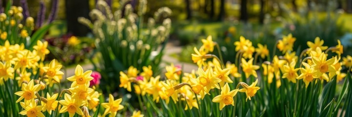 Obraz premium Vibrant yellow daffodil flowers bathed in sunlight in a vast field, garden, botanical, landscape