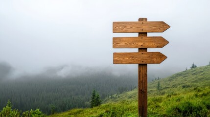 Directional wooden signpost in misty landscape nature scene