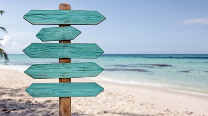 Directional wooden signpost on beach tropical paradise outdoor