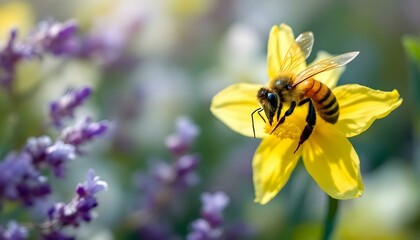 Extreme close-up of a honeybee, revealing its compound eyes, on a vivid yellow daffodil, with a soft focus on nearby lilacs and yellow primroses in the background.