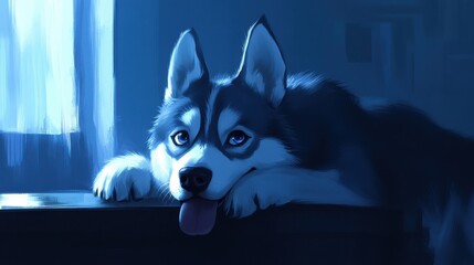 A serene husky resting with a peaceful expression in soft blue light.