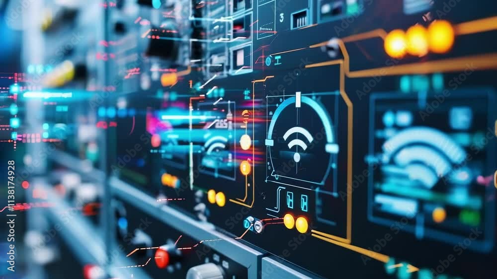 Poster animated sequence showing a futuristic interface displaying wireless signal strength. innovative man