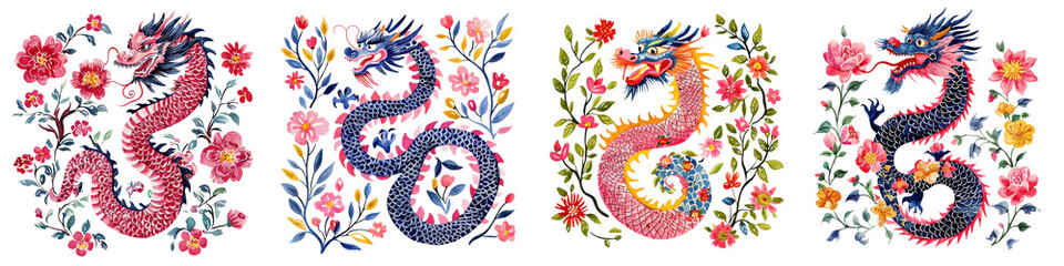 Obraz premium Vibrant Floral Oriental Dragon Patterns and