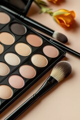 Professional makeup palette with warm tones and brush