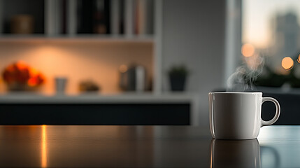 Steaming cup of black coffee in a plain white mug on a wooden table by a modern kitchen in the evening light