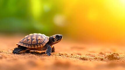 Naklejka premium A young turtle crawls across a sandy surface with soft, warm lighting illuminating the scene, This image is ideal for nature blogs, educational materials, or wildlife conservation campaigns,