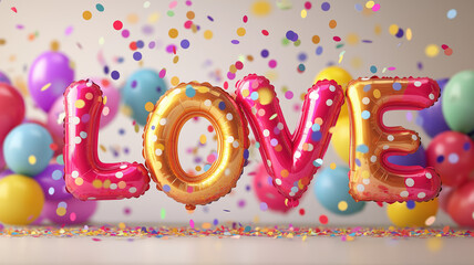 Fototapeta premium Text LOVE made of colorful balloons and confetti