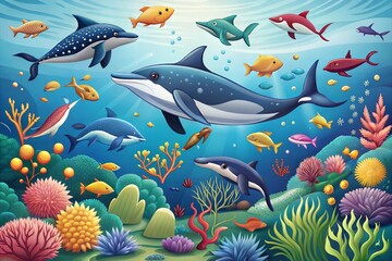 Ocean-Themed Vector Pack with Whales, Dolphins, and Marine Life Illustrations