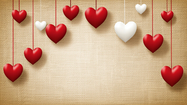 Valentine background with red and white heart garlands hanging from the top