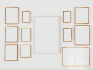 A collection of five hanging gallery frames mockups in various orientations and sizes against a white wall background, wall, decor, layout