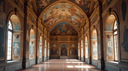Fototapeta premium Frescoed halls. High ceilings with images of battle scenes, royal portraits and religious subjects