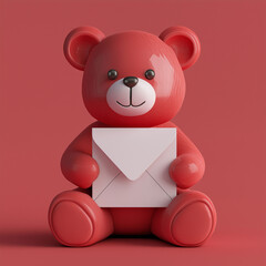 Obraz premium Cute red teddy toy Holding a Blank Sign on a Red Background, Ideal for Valentine's Day, Announcements, or Greeting Cards, Perfect for Inspirational Messages or Pet Themed Decor