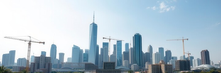 Naklejka premium Aerial view of a modern apartment building under construction with cranes and scaffolding, development, construction, real estate