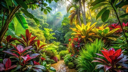 Obraz premium Candid Photography of Lush Leaves in a Tranquil Garden and Jungle Forest View: Natureâ€™s Serenity Captured in Vibrant Greens, Sunlight, and Textures for Relaxation and Inspiration
