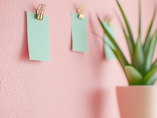 business mindset leadership goals concept, A minimalist wall display featuring pastel sticky notes clipped on a pink surface, with a green plant in a white pot adding a touch of nature.