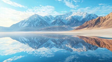 Majestic Mountain Range Reflected in Tranquil Lake Under Blue Sky