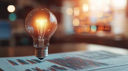 business mindset leadership goals concept, A glowing light bulb sits atop a document featuring colorful graphs, symbolizing innovation and ideas in business or creative fields.
