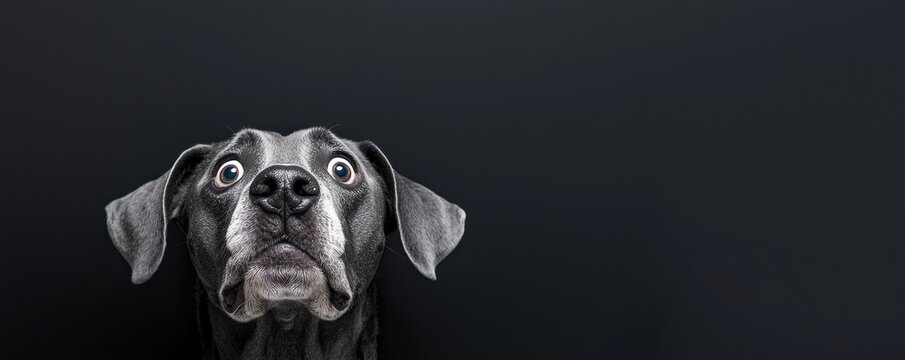 A close-up of a dog's face with a surprised expression against a dark background, capturing its curious and alert demeanor.