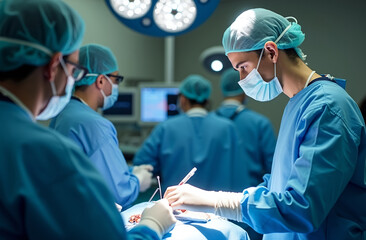 A surgeon in a sterile operating room, fully dressed in scrubs, a surgical cap, gloves, and a mask, performing a delicate procedure under bright surgical lights