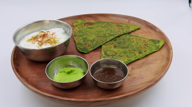 Display Green Paratha with Yogurt and Chutneys