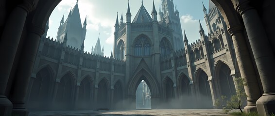 Gothic castle, huge arches, high spires, massive gates, a sense of mystery and power