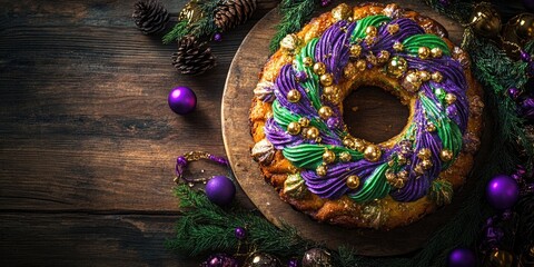 Fototapeta premium Festive Mardi Gras King Cake on Rustic Wooden Table
