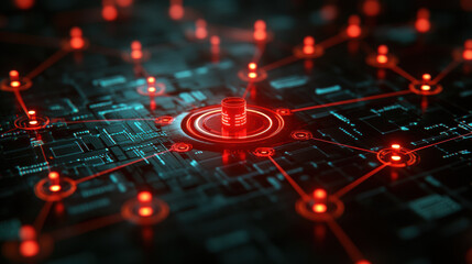 glowing red network of interconnected nodes and circuits on dark digital background