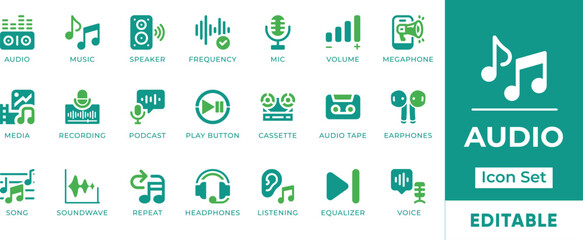 Audio Icon See. Includes editable icons mic, microphone, record, voice, speaker, media, listening, song, sound, music. Perfect for music apps, audio streaming platforms, and multimedia projects.