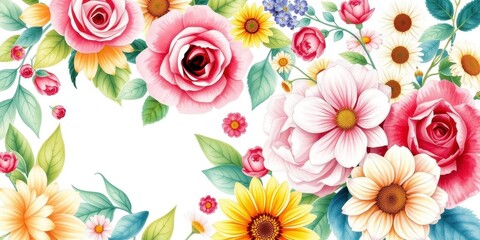 Colorful watercolor illustration of various flowers like roses, daisies, and sunflowers in vibrant hues, colorful, floral design, botanical