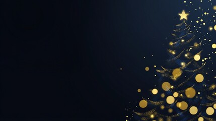 An elegant Christmas tree with gold ornaments and soft bokeh lights on a dark blue background, perfect for holiday cards, banners, invitation templates, celebrations, parties, business promotions