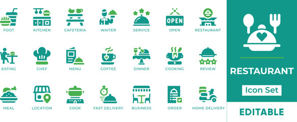 Restaurant Icon Set. Features editable icons for restaurant symbols, food, dining, cafe, kitchen, service, and menu. Perfect for restaurant websites, food delivery apps, and culinary businesses.