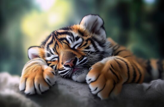 Adorable tiger cub sleeping with paws resting on rock - Powered by Adobe