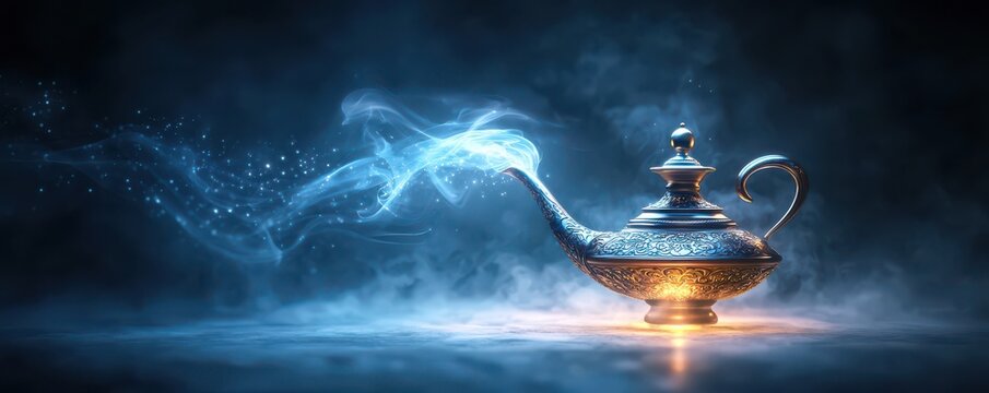 A mystical genie lamp emits a glowing light and swirling smoke against a dark, ethereal background, evoking magic and wonder.