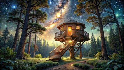 Enchanting Treehouse with Spiraling Wooden Staircase Under a Starry Night Sky in Time-Lapse Magic of a Fairytale Landscape