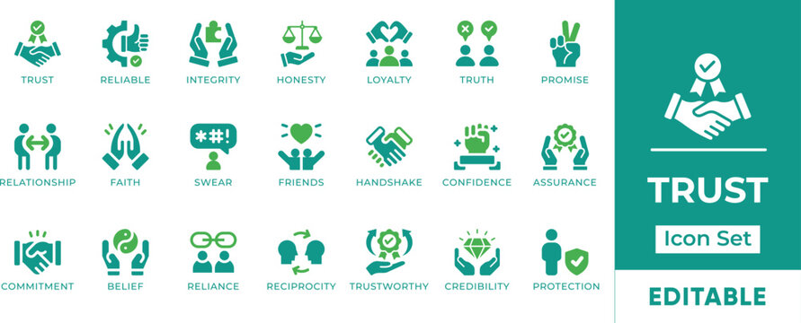Trust Icon Set. Features editable icons for trust symbols, reliability, honesty, integrity, loyalty, confidence, and more. Perfect for business, marketing, and relationship building.