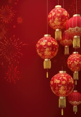 Festive Chinese New Year Red Lanterns with Fireworks Background