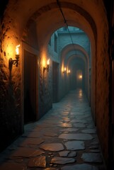 Fototapeta premium Secret passages in the Winding Corridors leading into the unknown, with torches on the walls and old wooden doors