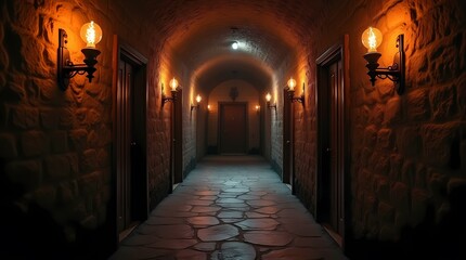 Fototapeta premium Secret passages in the Winding Corridors leading into the unknown, with torches on the walls and old wooden doors