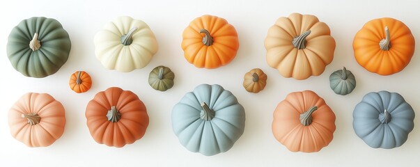 A set of pumpkins with different colors and shapes on a white background, emphasizing the simplicity and premium quality of autumn harvest, perfect for seasonal decor and fall designs.